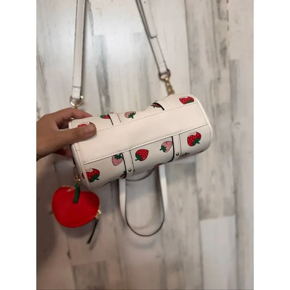 Juicy Couture Strawberry Print Barrel Purse with Coin Pouch | White Pink Red Cro